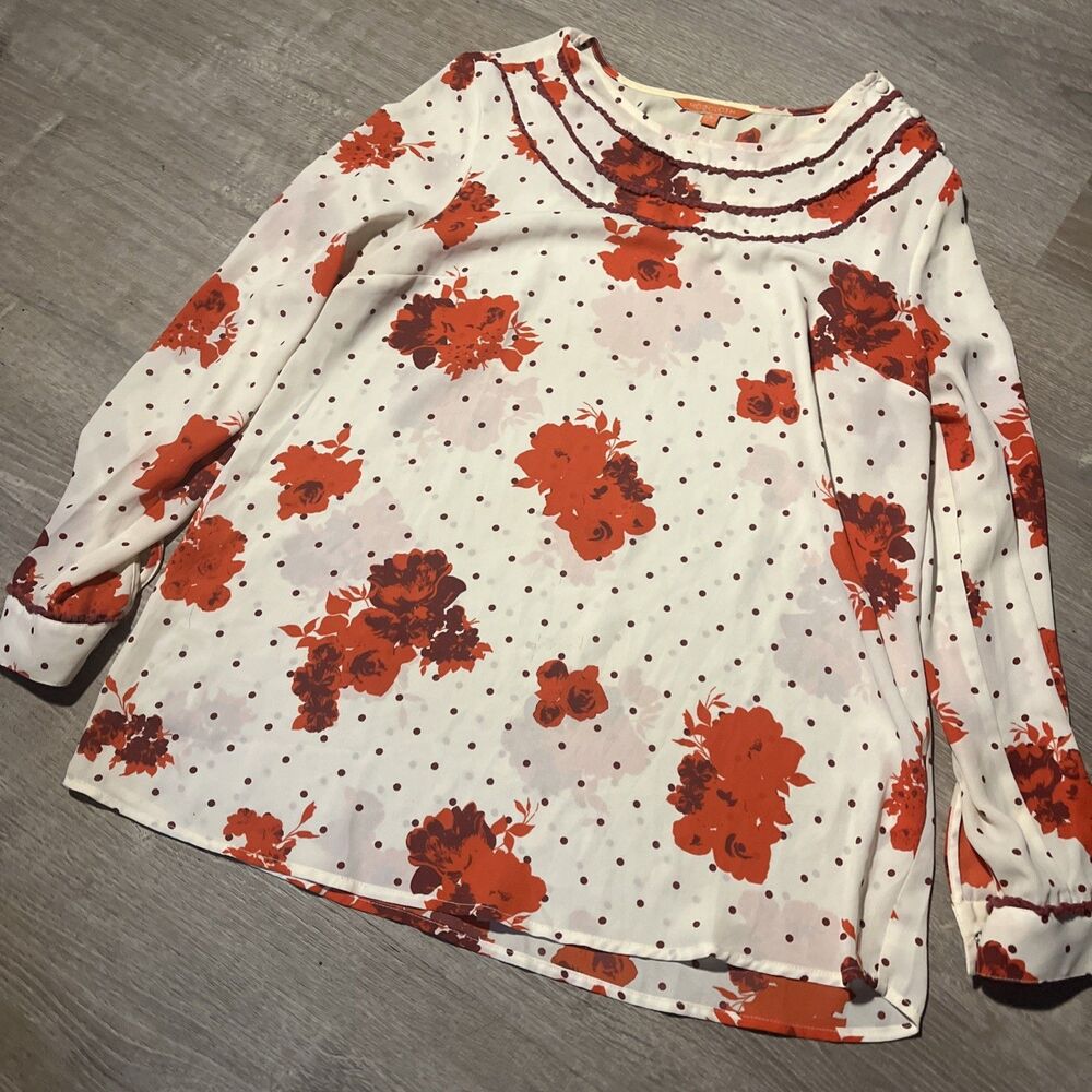 ModCloth Retro Floral Polka Dot Long Sleeve Blouse - Cream & Orange - Size L